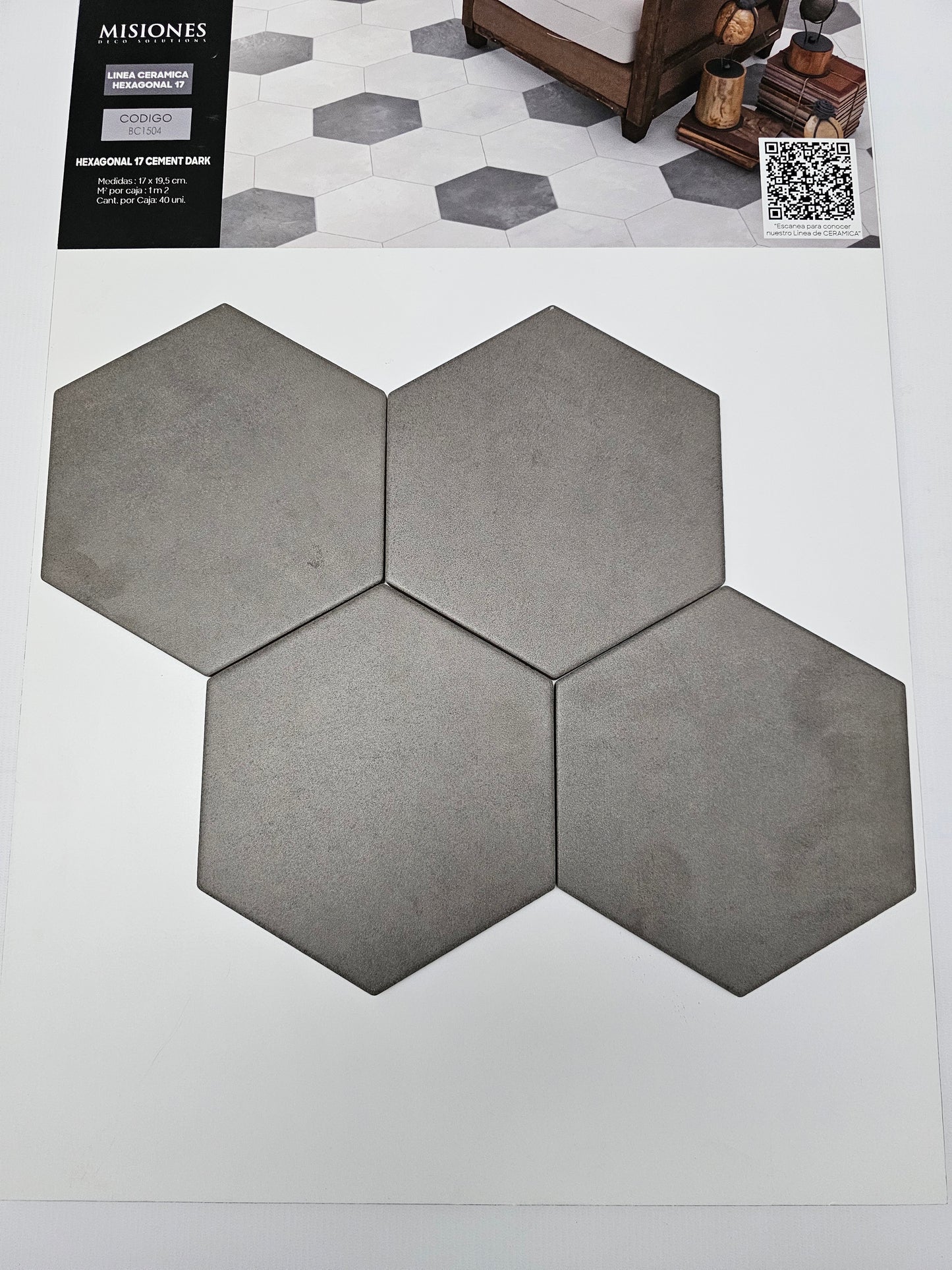 Hexagonal 17 Cement Dark - 17 x 19,5 cm - Ceramica - 1era